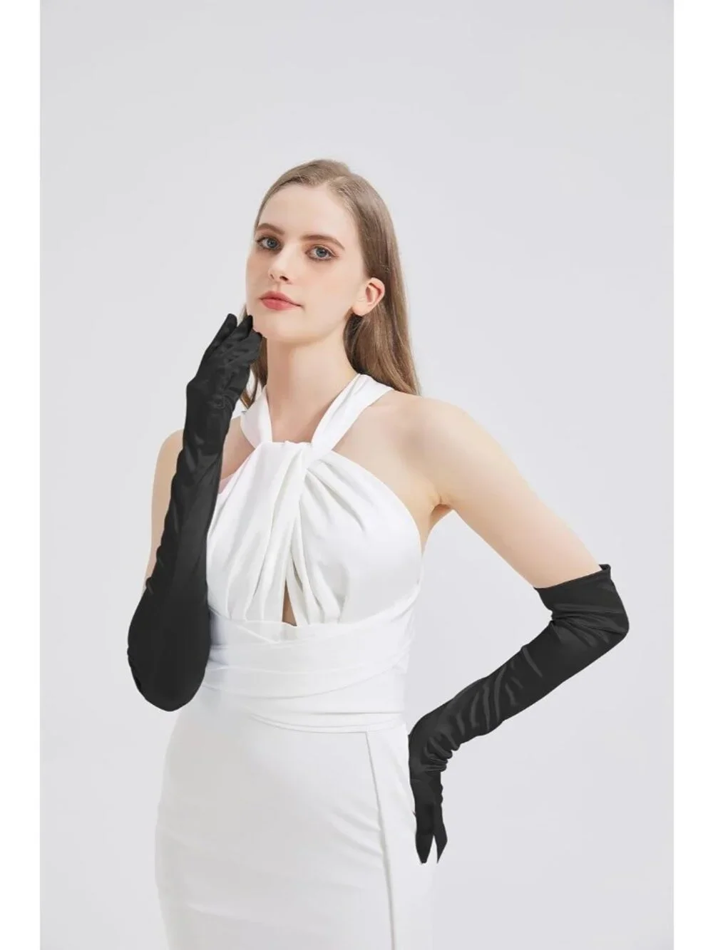 Women's Black Satin Opera Elbow Length 1920s Flapper Long Gloves Party